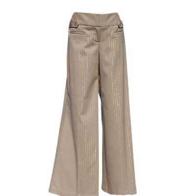 Cache Tan Wide Leg Self Belt Beige Metallic Herringbone Stripe Pant New $118 NWT