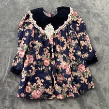 Vintage Jolene Floral Blue Pink Lace Velvet Collar Girls Dress Size 5 USA
