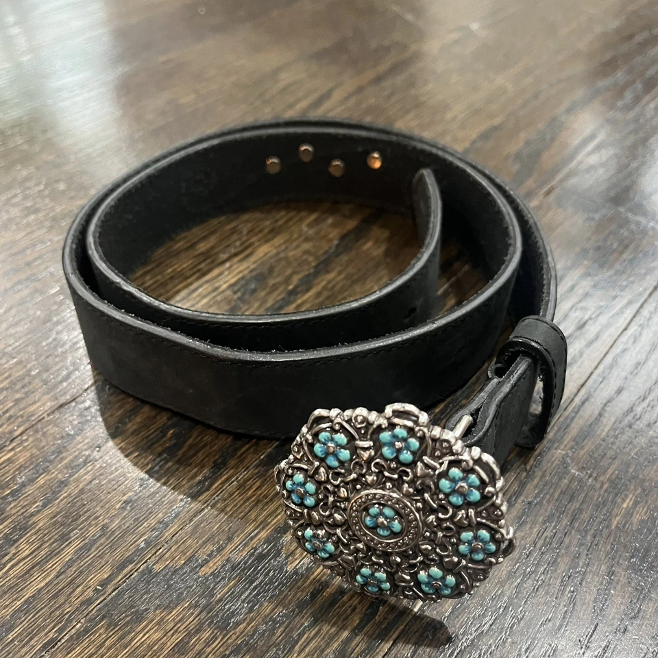 Пояс BRIGHTON коричневый кожаный женский 34 L серебряная пряжка бирюзовая эмаль цветы - Изображение 2 из 4