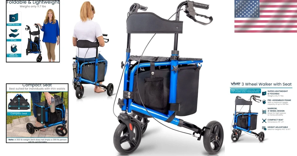 Vive 3 Wheel Walker with Seat - Tri Rollator Walker for Seniors and Adults - ... - Image 2 of 4