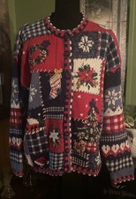 Vintage Tiara International Holiday Cardigan Sweater Womens L Trees Stars Bear