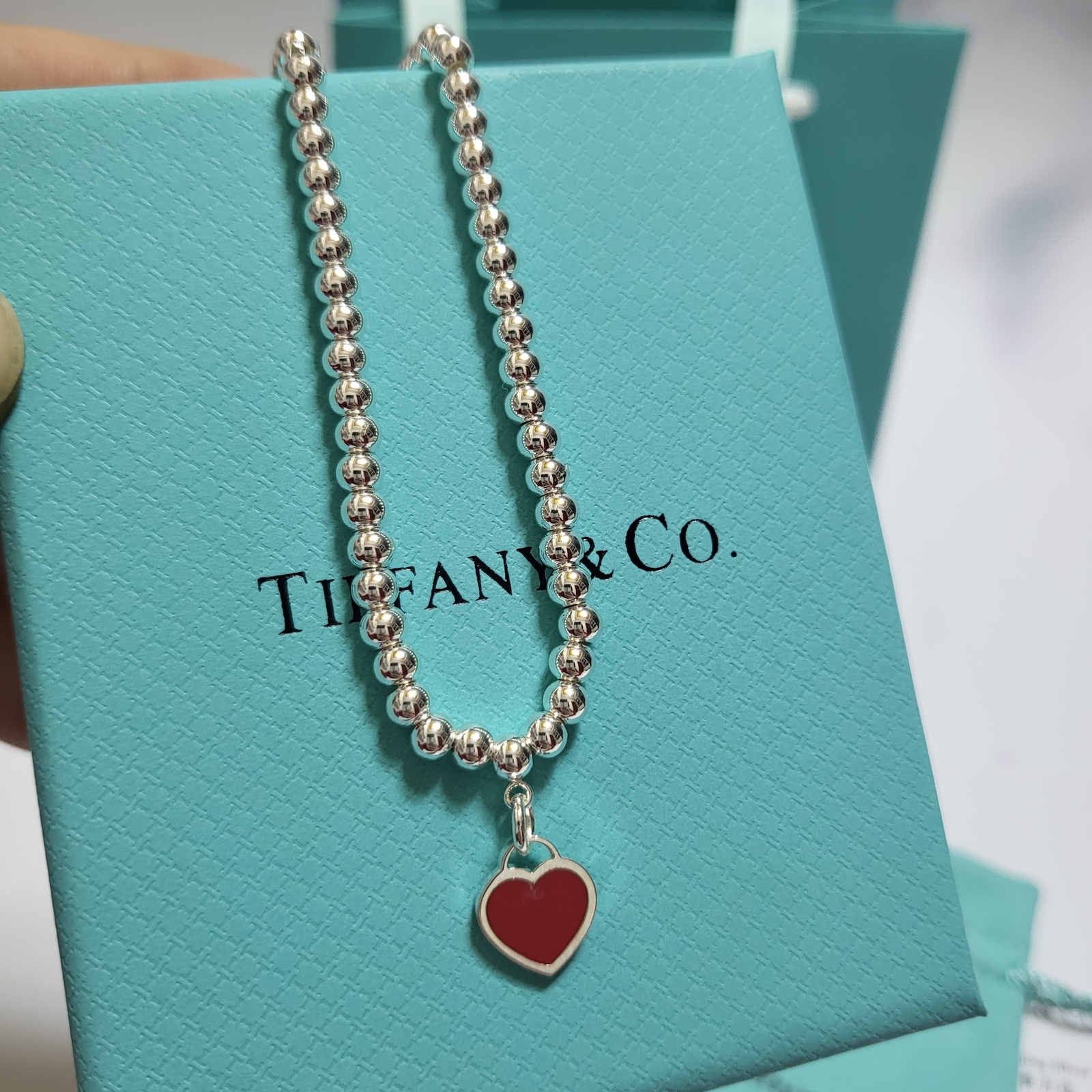 Tiffany & Co. Silver Red Heart Ball Chain Bracelet With Box
