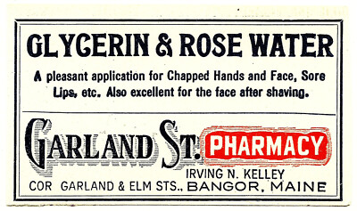 1  Antique Pharmacy Label GLYCERIN & ROSE WATER Garland St Pharmacy Bangor Maine