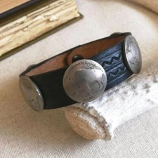 Native American Taos Black Leather Vintage Buffalo Nickle Coin 7" 8" Bracelet