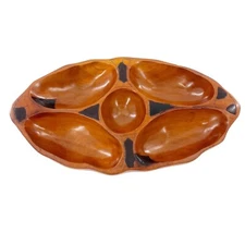 Vtg  MCM Carved Teak Wooden Bowl Snack Serving sectioned Dish 14x8 Wood Retro a