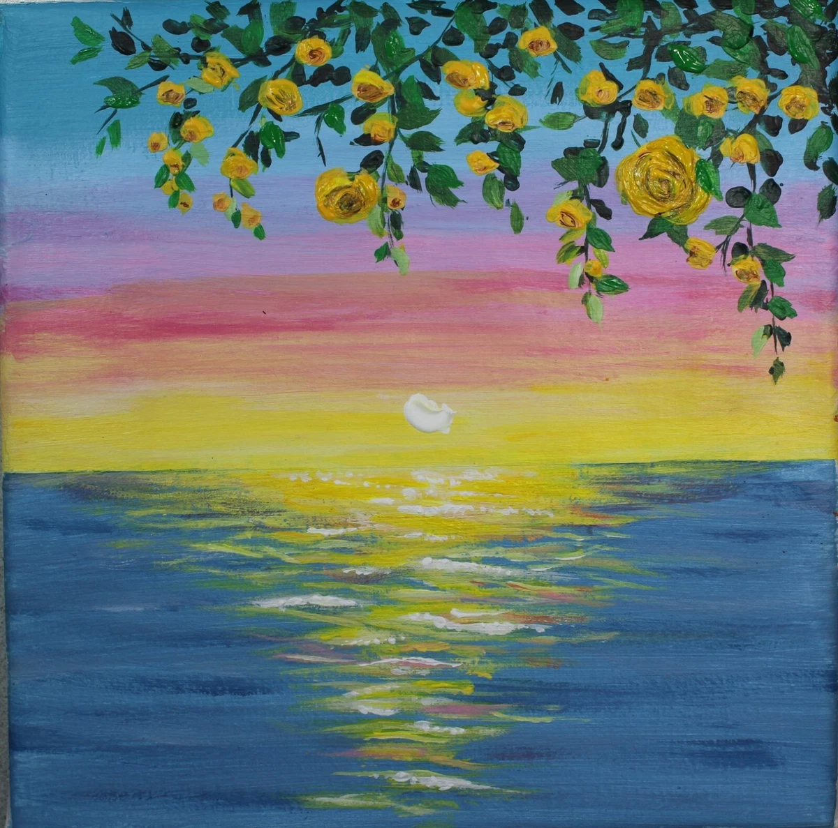 Original Acrylic Painting on Canvas Lovely Seascape and Roses Wall Decor