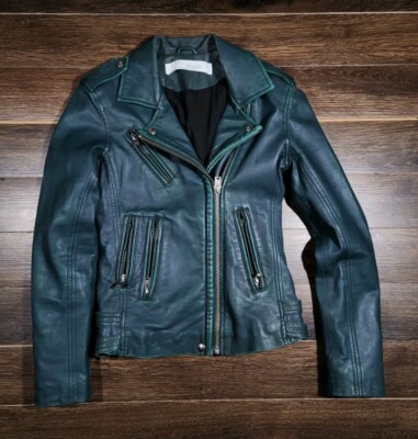IRO Han Leather Jacket Green Biker Leather Moto Jacket Size EU 34 XS $1295 