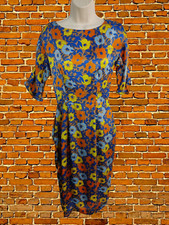 VINTAGE ORANGE BLUE MULTI FLORAL POLYESTER SHORT SLEEVE PARTY SHEATH DRESS UK 10