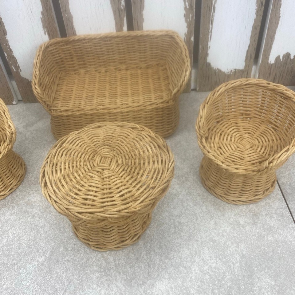 Vintage Wicker Rattan Barbie Doll Patio Furniture Table Chairs Loveseat