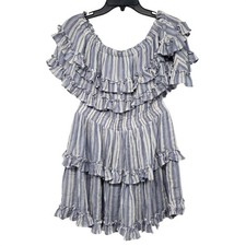 Surf Gypsy Blue White Off Shoulder Ruffle Tiered Mini Dress L Beachy Summer