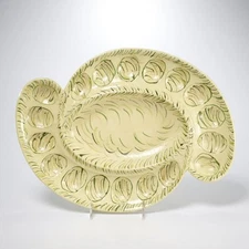 Vintage Handpainted Deviled Egg Serving Dish Tray Appetizer Green Ceramic