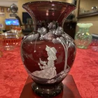 Fenton Mary Gregory Hand Painted Cranberry Glass 7” Vase Lil Miss Muffet-Signed