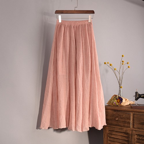 Women's Skirt Elastic Waist Pleated Cotton Linen Long Skirts Summer Beach Skirts - Picture 5 of 21