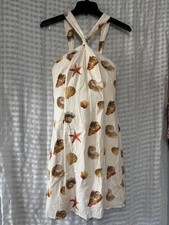 New- Small Knotted Y Neck Mini Dress Cream Seashell Print