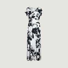 Koh Koh Black White Floral Maxi Dress Short Sleeve Faux Wrap V-Neck NT074 Large