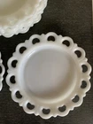Vintage 8” Milk Glass Plates with Open Lace Edge Set of 7, Anchor Hocking Style
