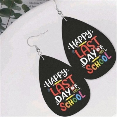 Faux Leather Teardrop Shaped Happy Last Day of School Lightweight Earrings