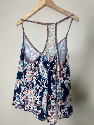 In Bloom by Jonquil Pajama 2 Pc Set Small Paisley Lace Cami Tank Pants Navy Pink - Picture 3 of 13