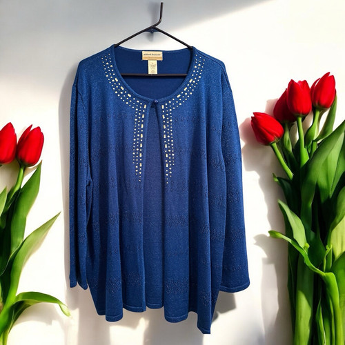 Alfred Dunner Woman 3X LOVELY Formal Two In One Tunic Blouse Metallic Blue NWT