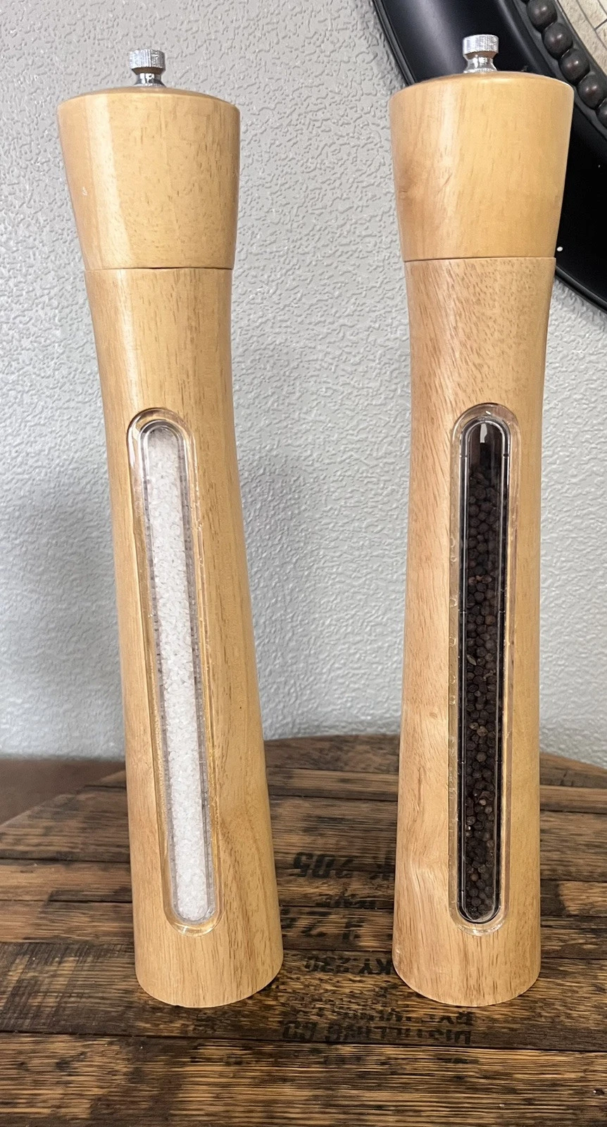 Set Of 2 Large Wooden 16 Inch Salt And Pepper Grinders With Glass Insert Boho