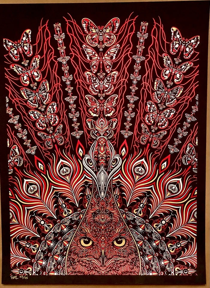 RARE FOIL Todd Slater Poster STRANGE ATTRACTION S/N Red BUTTERFLY Owl PEACOCk - Image 3 of 4