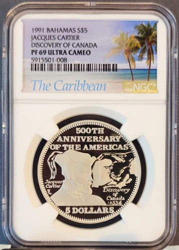 1991 BAHAMAS SILVER 5 DOLLARS JACQUES CARTIER NGC PF 69 ULTRA CAMEO