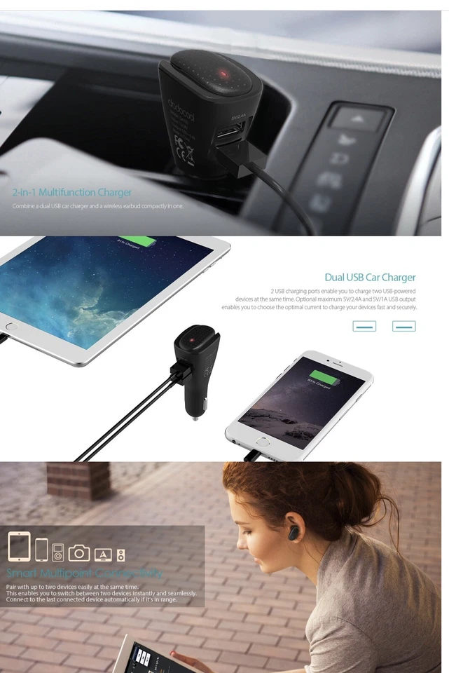 Fone de ouvido sem fio 2 em 1 carregador de carro USB duplo.  Bluetooth - Imagem 4 de 4