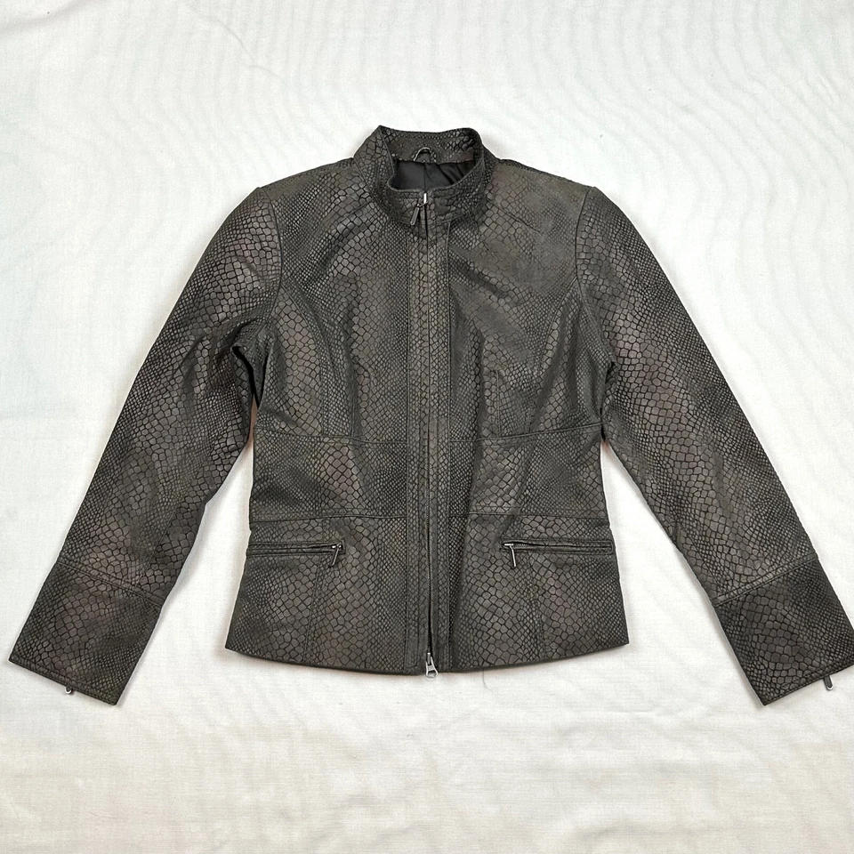 Chaqueta Alfani Mujer Talla P Pequeña Marrón Estampado de Cocodrilo Cuero Cremallera Completa Foto 2 de 4