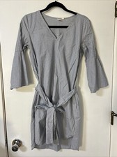 GAP Shirt Dress Sz XS Blue White Striped Bell Sleeve Pull On Tie V Neck Pocket