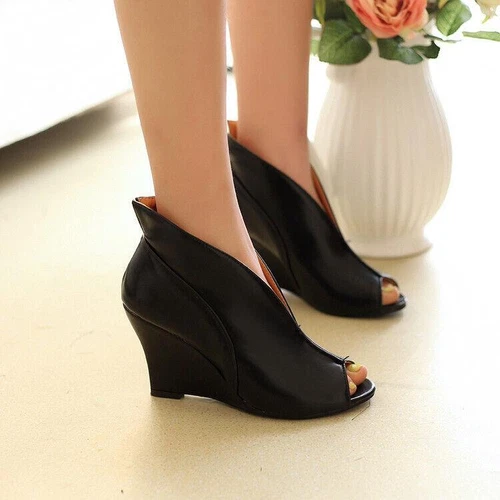 Women's Peep Toe Wedge High Heel faux leather Shoes Slip On Sandals Pumps - Picture 9 of 19