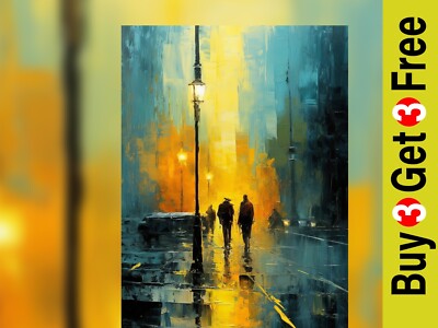 Rainy City Walk Straßenlaternen Gemälde 5''x7'' Druck auf mattem Papier