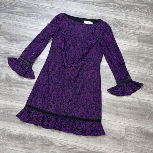 Eliza J Purple Black Floral Lace Shift Mini Dress Bell Sleeve Womens 4 S - Picture 1 of 13
