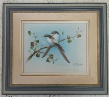 Original Painting Two Birds on a Branch Signed Y.Priddiz?, 16"x14"