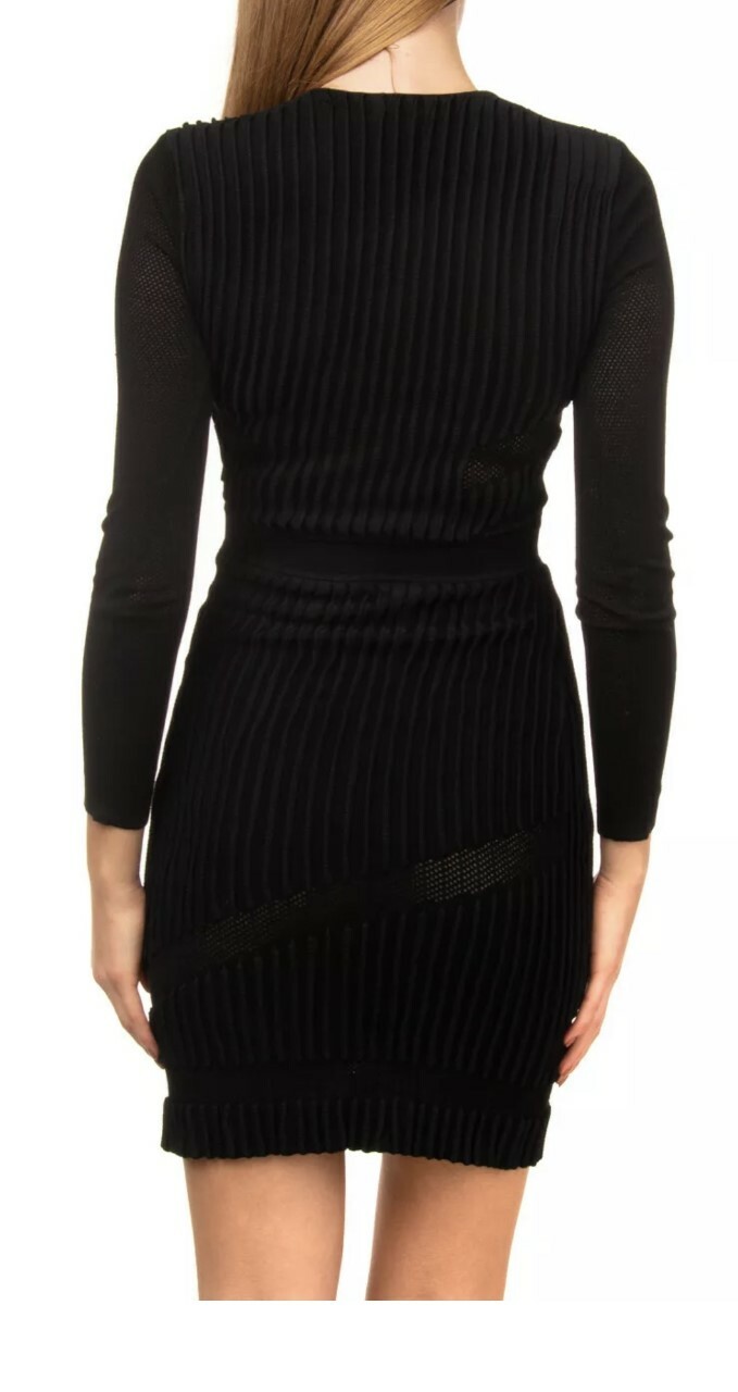 VERSACE Mini Bodycon Dress Size 40 / S Ribbed Black Long Sleeve V Neck RRP £885 image 4