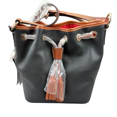 Dooney Bourke Kendall Crossbody Bucket Bag Black Pebbled Leather Tan Drawstring