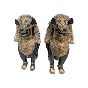 Set of Antique Solid Bronze Khmer Statues. Temple Guardian Lion/Dogs