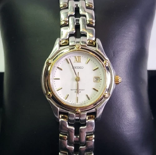 Seiko Watch Women 26mm White Dial Two Tone Date Round 7n82-0599 New Battery