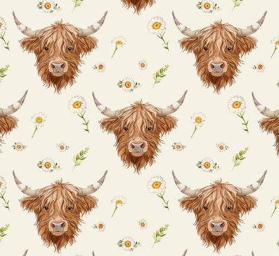 Animal Fabric | Highland Cow Face & Daisy Toss Cream | David Textiles YARD
