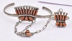 Vintage Sterling Silver & Coral Orange Color Stone CONNECTED bracelet & ring Set
