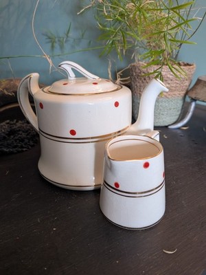 Art Deco Thomas Förster & Söhne Phoenix Ware Teekanne & Milchkännchen rot gepunktet 30er