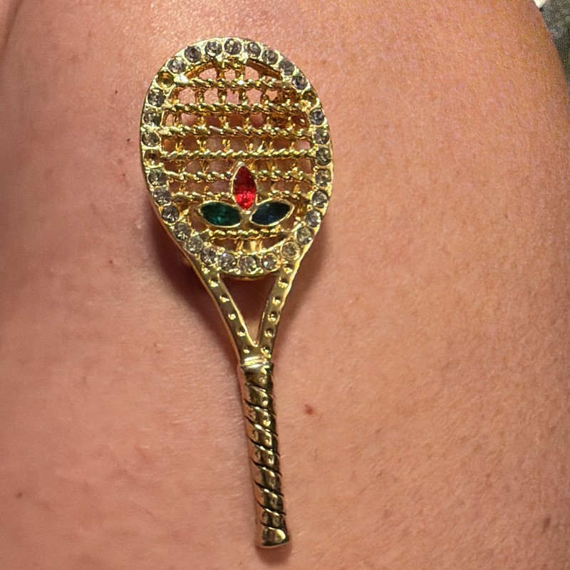 Gold Tone Tennis Racquet Brooch Pin Sports Theme w/ Rhinestone & Crystal