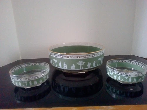 Vtg Green Jeanette Hellenic Jasperware 9" Serving Wedgewood Bowl w/2 Side Bowls