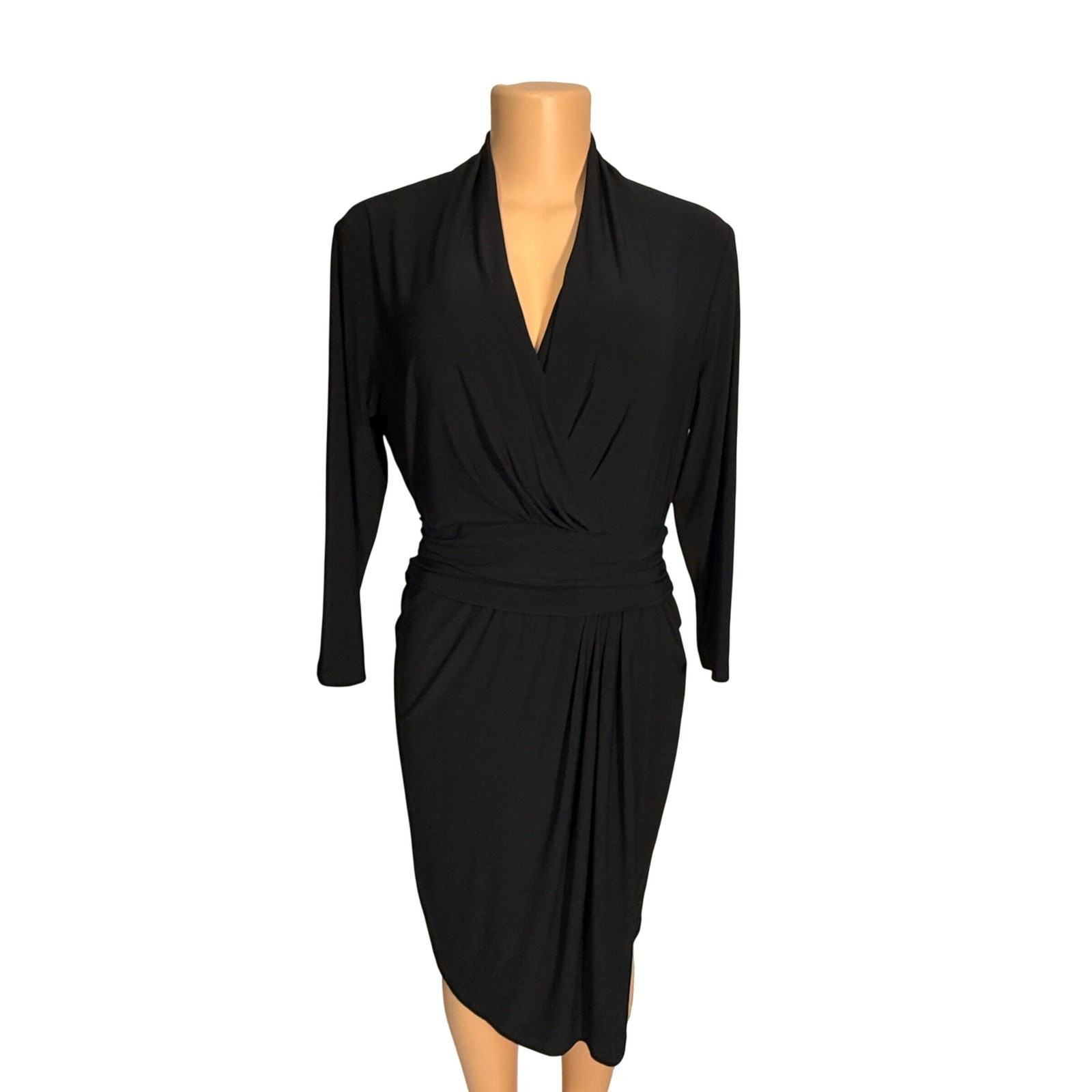 Chaps Womens Black Wrap Draped Midi Dress Size L