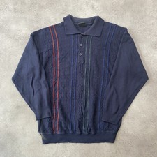 Uomo Cardigan Jumper Mens Medium Polo Neck Long Sleeve Vintage Sweater, Navy