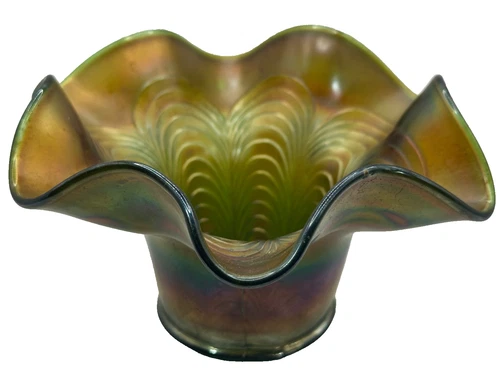 Fenton Carnival Glass Peacock Tail Green Bowl Iridescent Finish Great Color