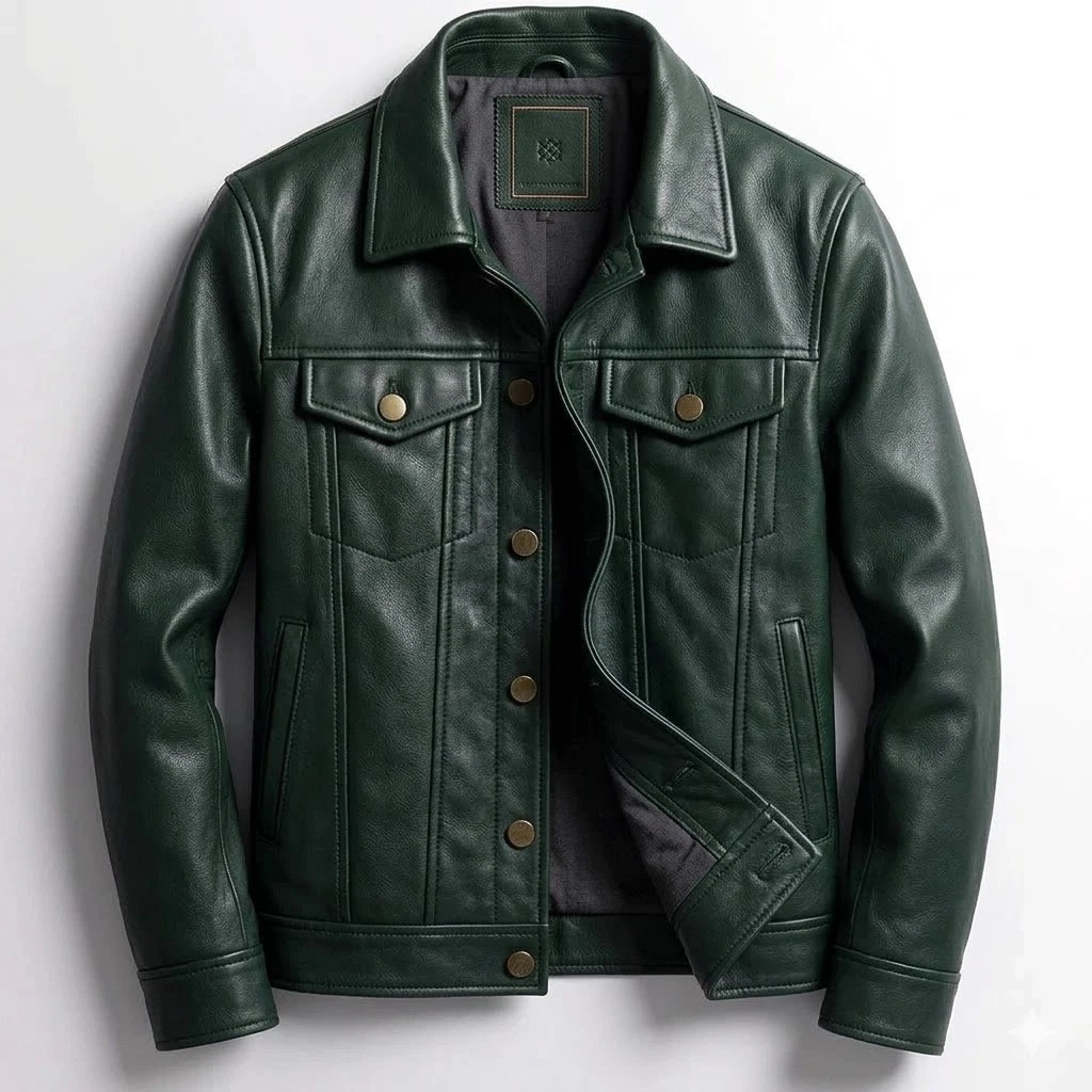 New Men's Genuine Lambskin GREEN Leather Trucker Jacket Denim Style Coat jacket