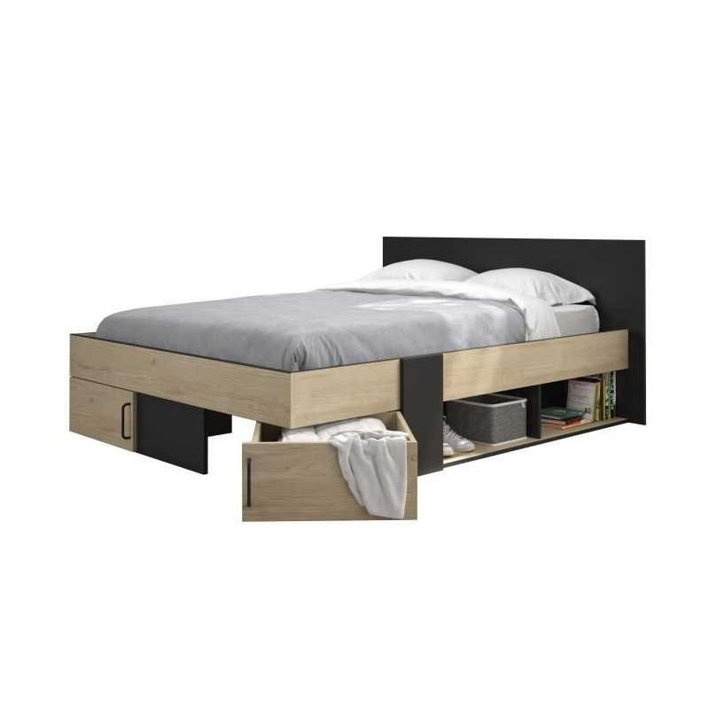 Lit adulte 140x190 avec tiroirs DIAGONE châtaignier et noir