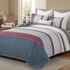 3-Piece Plaid Striped Geometric Reversible Quilt Microfiber Coverlet Bedding Set