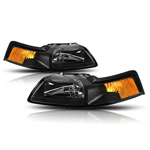 Black Amber Headlights Replacement Compatible with 99-04 Mustang, PMHL-FMUS - Picture 2 of 7