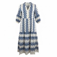 Fig + Flower Blue White Paisley floral print tiered lagen midi dress sz M 90s